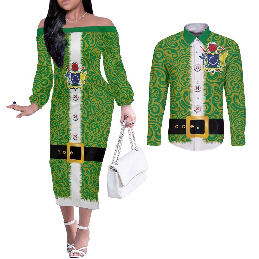 Cook Islands Merry Christmas Couples Matching Off The Shoulder Long Sleeve Dress and Long Sleeve Button Shirt Santa Suit Style With Polynesian Pattern LT03 Green - Polynesian Pride