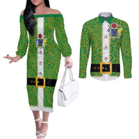 Cook Islands Merry Christmas Couples Matching Off The Shoulder Long Sleeve Dress and Long Sleeve Button Shirt Santa Suit Style With Polynesian Pattern LT03 Green - Polynesian Pride