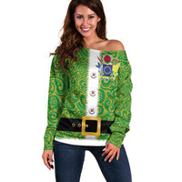 Cook Islands Merry Christmas Off Shoulder Sweater Santa Suit Style With Polynesian Pattern LT03 Women Green - Polynesian Pride