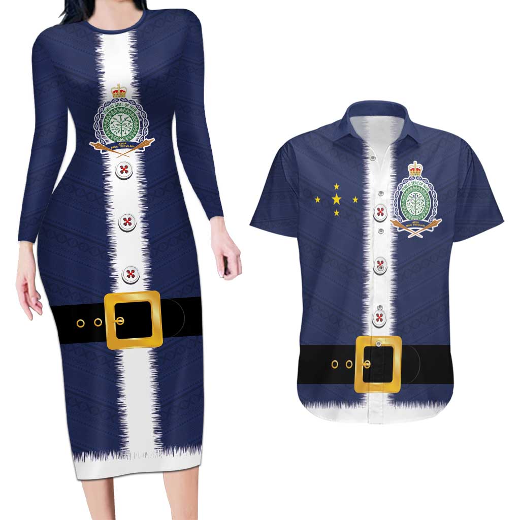 Niue Merry Christmas Couples Matching Long Sleeve Bodycon Dress and Hawaiian Shirt Santa Suit Style With Hiapo Pattern LT03 Blue - Polynesian Pride