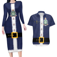 Niue Merry Christmas Couples Matching Long Sleeve Bodycon Dress and Hawaiian Shirt Santa Suit Style With Hiapo Pattern LT03 Blue - Polynesian Pride
