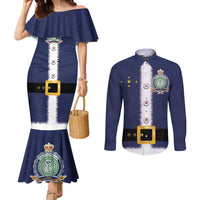 Niue Merry Christmas Couples Matching Mermaid Dress and Long Sleeve Button Shirt Santa Suit Style With Hiapo Pattern LT03 Blue - Polynesian Pride