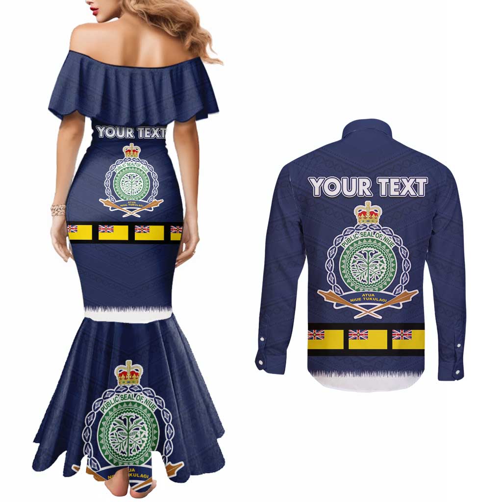 Niue Merry Christmas Couples Matching Mermaid Dress and Long Sleeve Button Shirt Santa Suit Style With Hiapo Pattern LT03 - Polynesian Pride