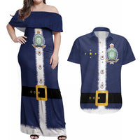Niue Merry Christmas Couples Matching Off Shoulder Maxi Dress and Hawaiian Shirt Santa Suit Style With Hiapo Pattern LT03 Blue - Polynesian Pride