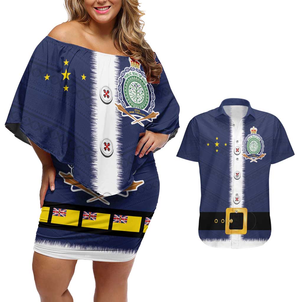 Niue Merry Christmas Couples Matching Off Shoulder Short Dress and Hawaiian Shirt Santa Suit Style With Hiapo Pattern LT03 Blue - Polynesian Pride
