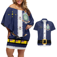 Niue Merry Christmas Couples Matching Off Shoulder Short Dress and Hawaiian Shirt Santa Suit Style With Hiapo Pattern LT03 Blue - Polynesian Pride