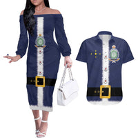 Niue Merry Christmas Couples Matching Off The Shoulder Long Sleeve Dress and Hawaiian Shirt Santa Suit Style With Hiapo Pattern LT03 Blue - Polynesian Pride