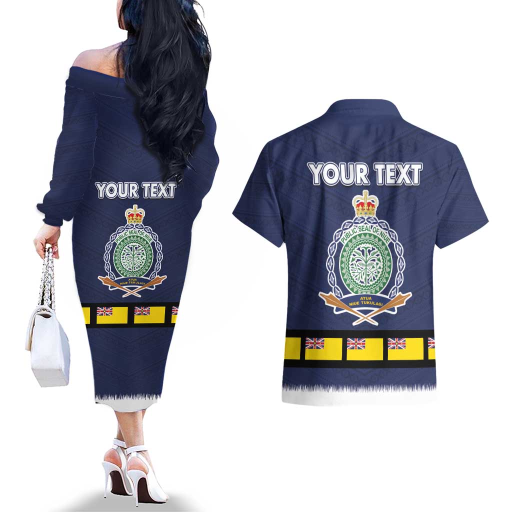 Niue Merry Christmas Couples Matching Off The Shoulder Long Sleeve Dress and Hawaiian Shirt Santa Suit Style With Hiapo Pattern LT03 - Polynesian Pride