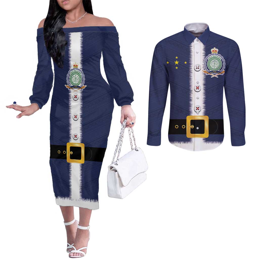 Niue Merry Christmas Couples Matching Off The Shoulder Long Sleeve Dress and Long Sleeve Button Shirt Santa Suit Style With Hiapo Pattern LT03 Blue - Polynesian Pride