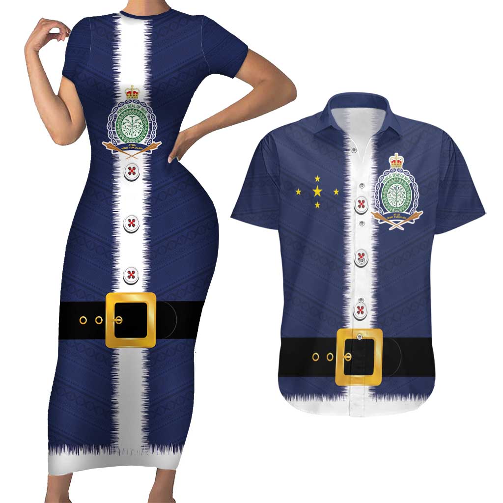 Niue Merry Christmas Couples Matching Short Sleeve Bodycon Dress and Hawaiian Shirt Santa Suit Style With Hiapo Pattern LT03 Blue - Polynesian Pride