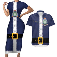 Niue Merry Christmas Couples Matching Short Sleeve Bodycon Dress and Hawaiian Shirt Santa Suit Style With Hiapo Pattern LT03 Blue - Polynesian Pride