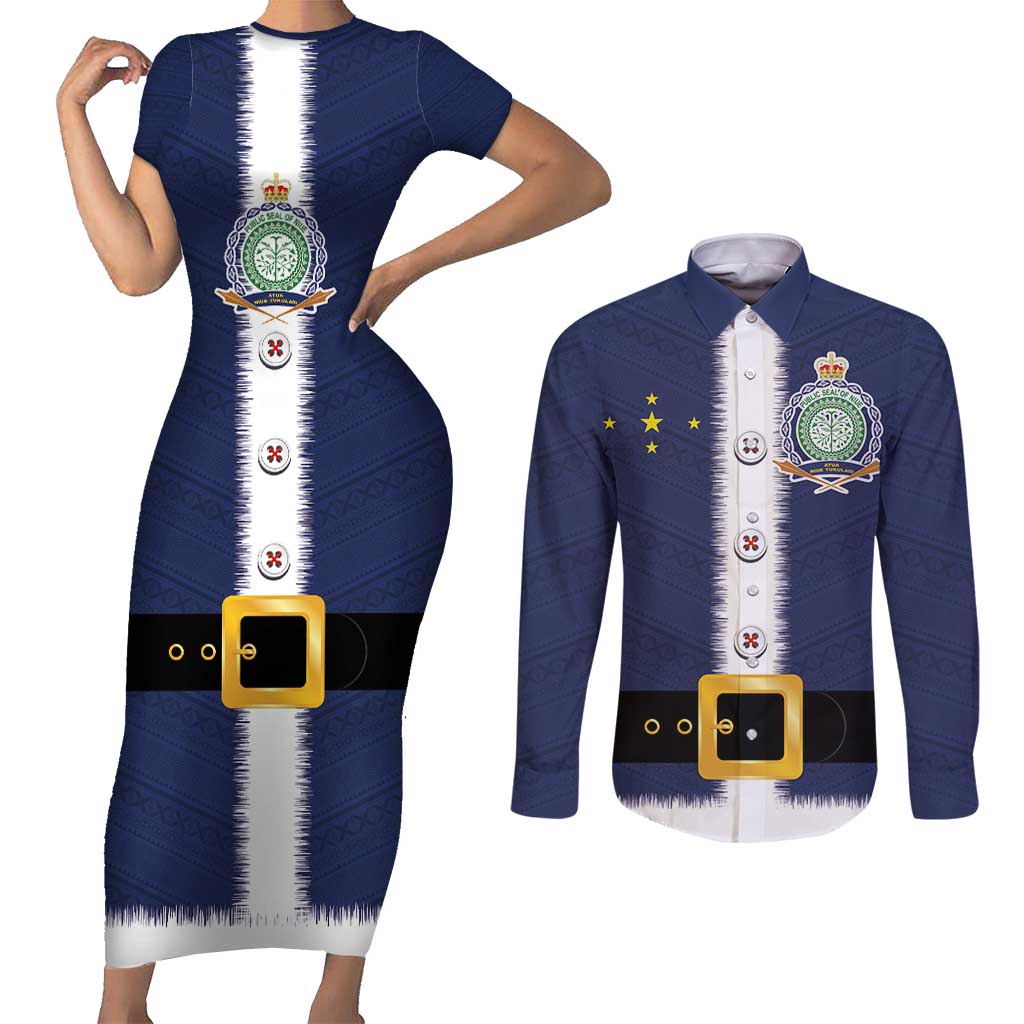 Niue Merry Christmas Couples Matching Short Sleeve Bodycon Dress and Long Sleeve Button Shirt Santa Suit Style With Hiapo Pattern LT03 Blue - Polynesian Pride