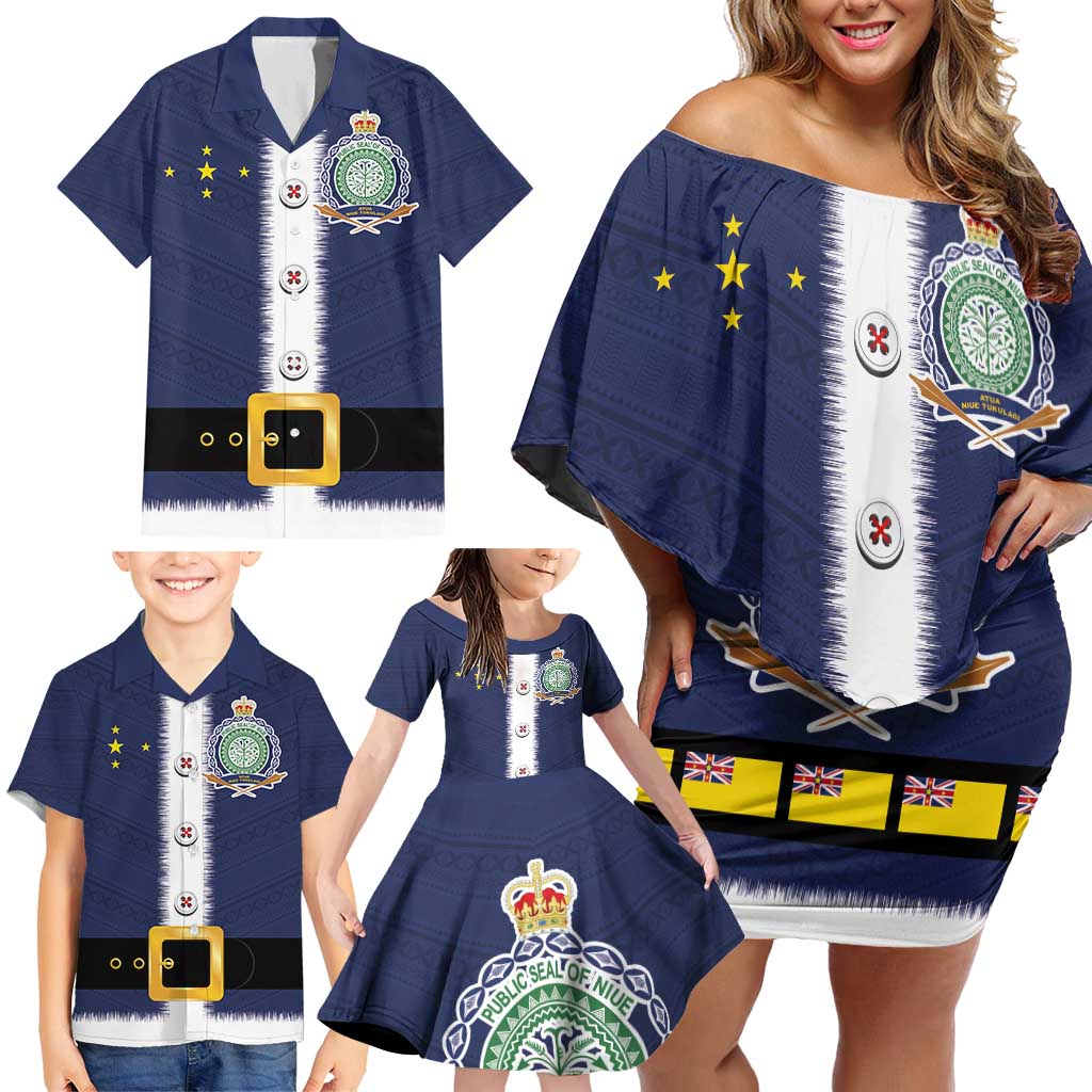 Niue Merry Christmas Family Matching Off Shoulder Short Dress and Hawaiian Shirt Santa Suit Style With Hiapo Pattern LT03 - Polynesian Pride