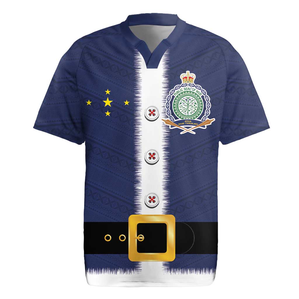 Niue Merry Christmas Rugby Jersey Santa Suit Style With Hiapo Pattern LT03 Blue - Polynesian Pride