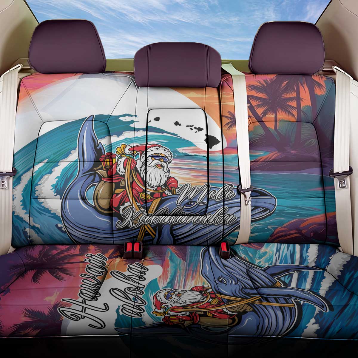 Hawaiian Mele Kalikimaka Back Car Seat Cover Santa Claus Driving The Whale with Sunset Ocean Landscape LT03 One Size Blue - Polynesian Pride