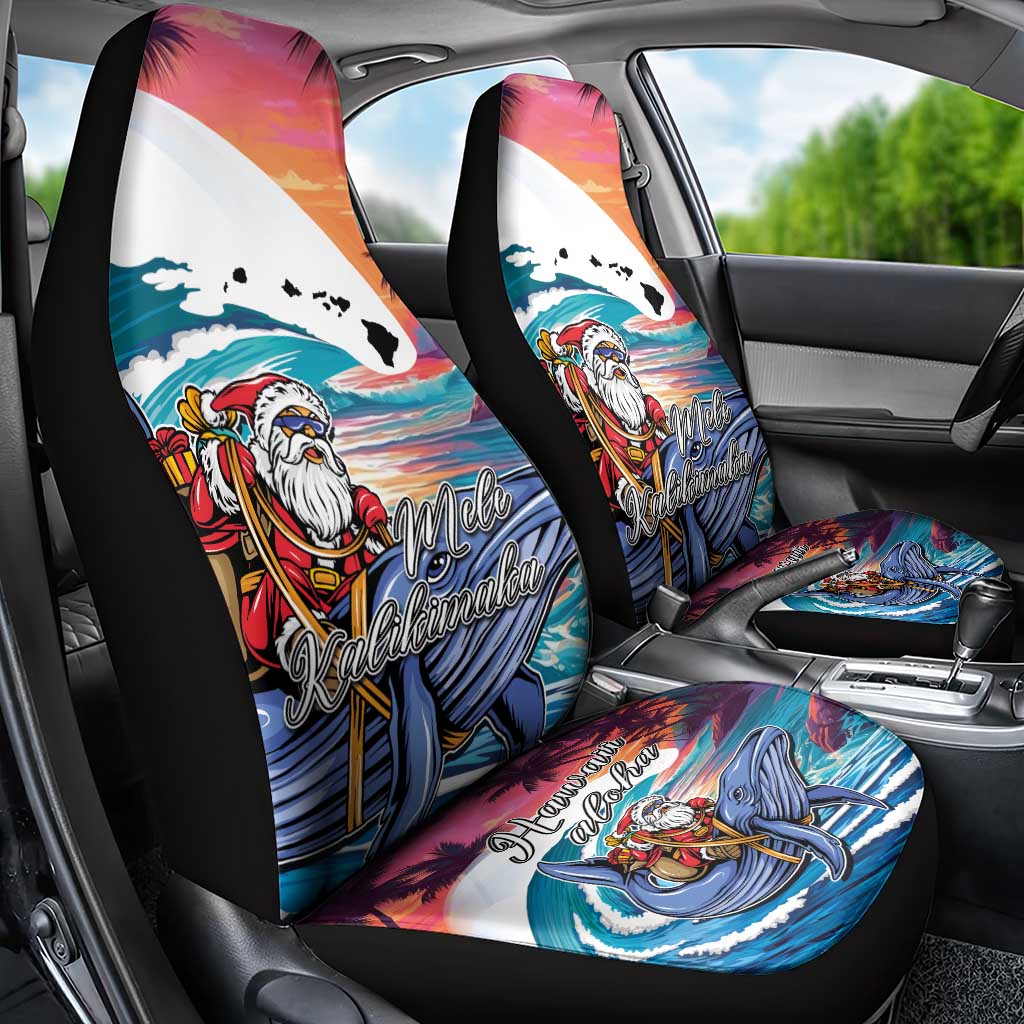 Hawaiian Mele Kalikimaka Car Seat Cover Santa Claus Driving The Whale with Sunset Ocean Landscape LT03 - Polynesian Pride