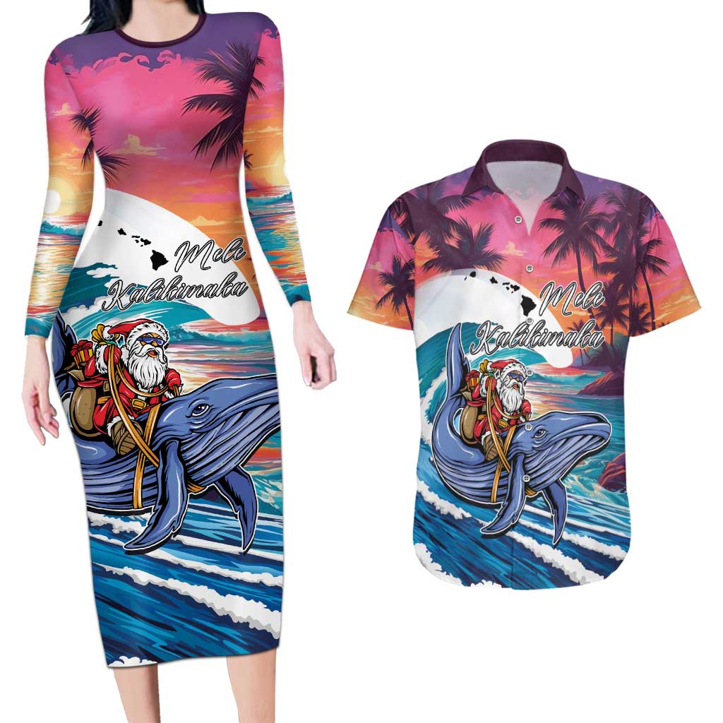 Hawaiian Mele Kalikimaka Couples Matching Long Sleeve Bodycon Dress and Hawaiian Shirt Santa Claus Driving The Whale with Sunset Ocean Landscape LT03 Blue - Polynesian Pride