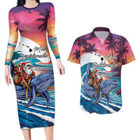 Hawaiian Mele Kalikimaka Couples Matching Long Sleeve Bodycon Dress and Hawaiian Shirt Santa Claus Driving The Whale with Sunset Ocean Landscape LT03 Blue - Polynesian Pride