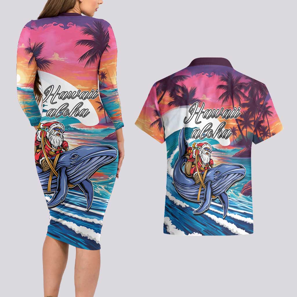Hawaiian Mele Kalikimaka Couples Matching Long Sleeve Bodycon Dress and Hawaiian Shirt Santa Claus Driving The Whale with Sunset Ocean Landscape LT03 - Polynesian Pride