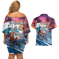 Hawaiian Mele Kalikimaka Couples Matching Off Shoulder Short Dress and Hawaiian Shirt Santa Claus Driving The Whale with Sunset Ocean Landscape LT03 - Polynesian Pride