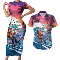 Hawaiian Mele Kalikimaka Couples Matching Short Sleeve Bodycon Dress and Hawaiian Shirt Santa Claus Driving The Whale with Sunset Ocean Landscape LT03 Blue - Polynesian Pride