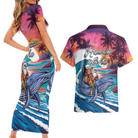 Hawaiian Mele Kalikimaka Couples Matching Short Sleeve Bodycon Dress and Hawaiian Shirt Santa Claus Driving The Whale with Sunset Ocean Landscape LT03 - Polynesian Pride
