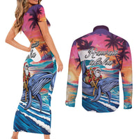 Hawaiian Mele Kalikimaka Couples Matching Short Sleeve Bodycon Dress and Long Sleeve Button Shirt Santa Claus Driving The Whale with Sunset Ocean Landscape