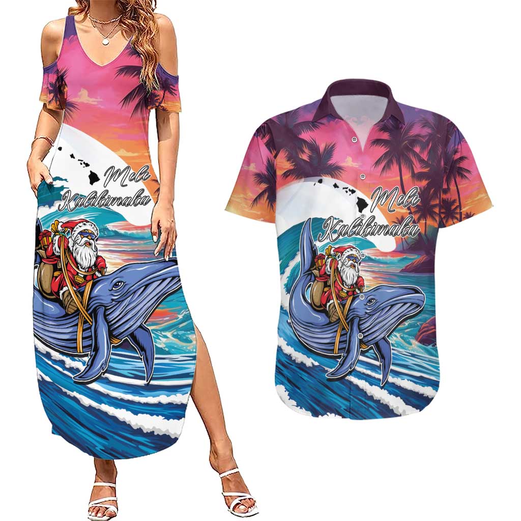 Hawaiian Mele Kalikimaka Couples Matching Summer Maxi Dress and Hawaiian Shirt Santa Claus Driving The Whale with Sunset Ocean Landscape LT03 Blue - Polynesian Pride