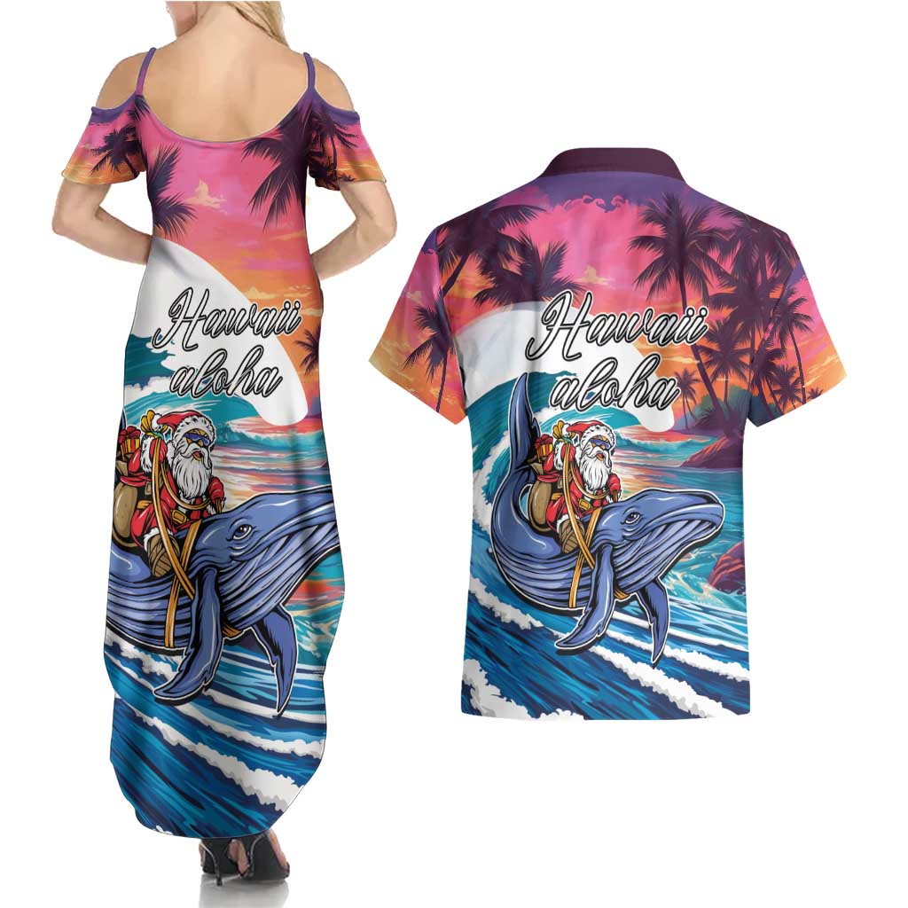 Hawaiian Mele Kalikimaka Couples Matching Summer Maxi Dress and Hawaiian Shirt Santa Claus Driving The Whale with Sunset Ocean Landscape LT03 - Polynesian Pride