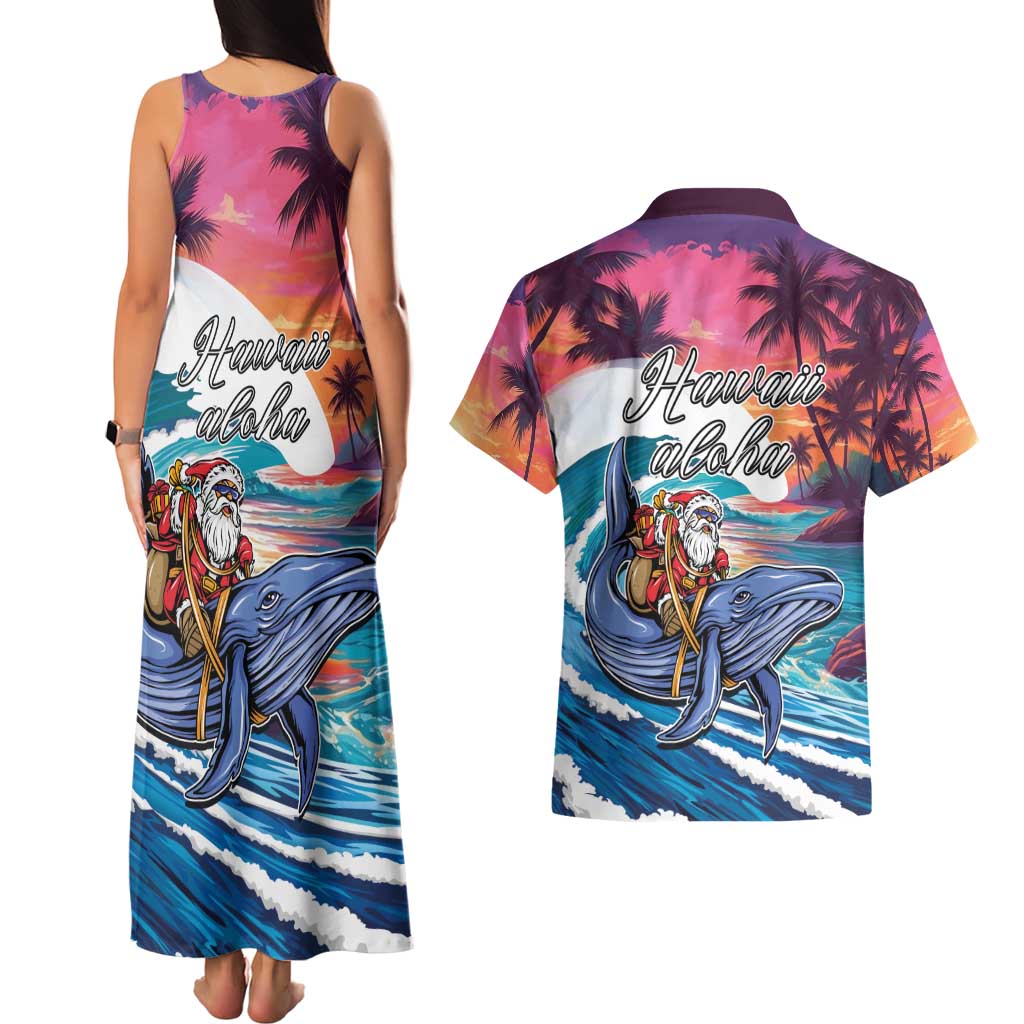 Hawaiian Mele Kalikimaka Couples Matching Tank Maxi Dress and Hawaiian Shirt Santa Claus Driving The Whale with Sunset Ocean Landscape