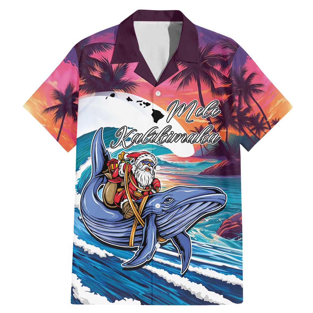 Hawaiian Mele Kalikimaka Family Matching Mermaid Dress and Hawaiian Shirt Santa Claus Driving The Whale with Sunset Ocean Landscape LT03 Dad's Shirt - Short Sleeve Blue - Polynesian Pride