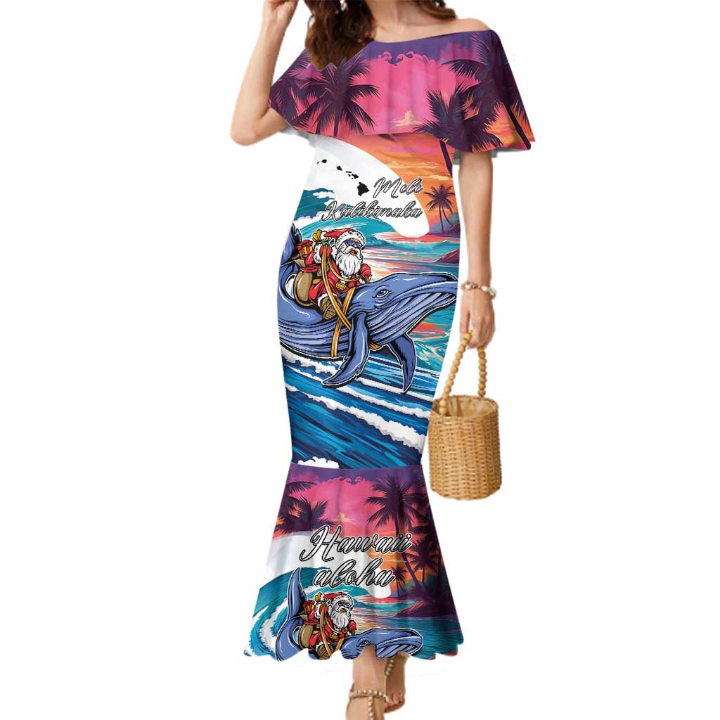 Hawaiian Mele Kalikimaka Family Matching Mermaid Dress and Hawaiian Shirt Santa Claus Driving The Whale with Sunset Ocean Landscape LT03 Mom's Dress Blue - Polynesian Pride