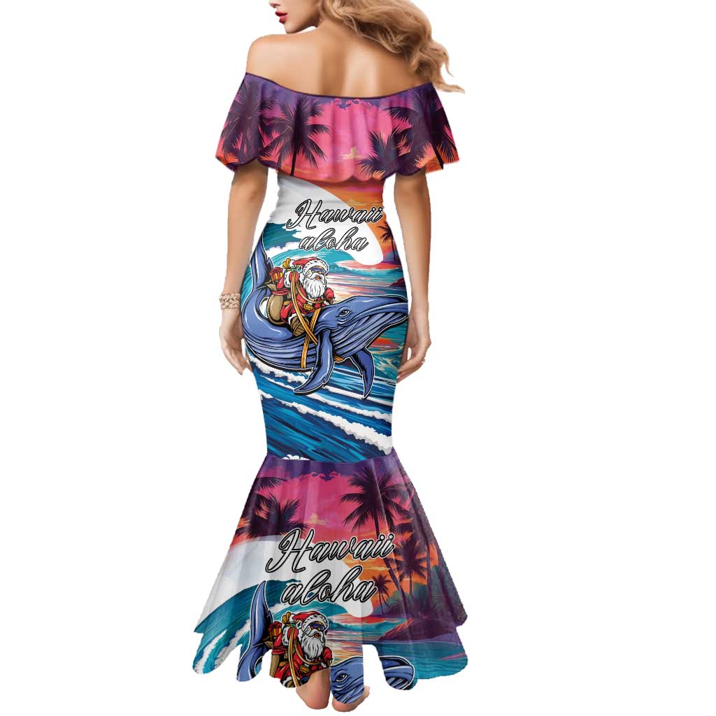 Hawaiian Mele Kalikimaka Family Matching Mermaid Dress and Hawaiian Shirt Santa Claus Driving The Whale with Sunset Ocean Landscape LT03 - Polynesian Pride