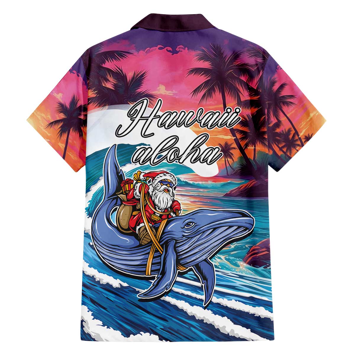 Hawaiian Mele Kalikimaka Family Matching Off The Shoulder Long Sleeve Dress and Hawaiian Shirt Santa Claus Driving The Whale with Sunset Ocean Landscape LT03 - Polynesian Pride