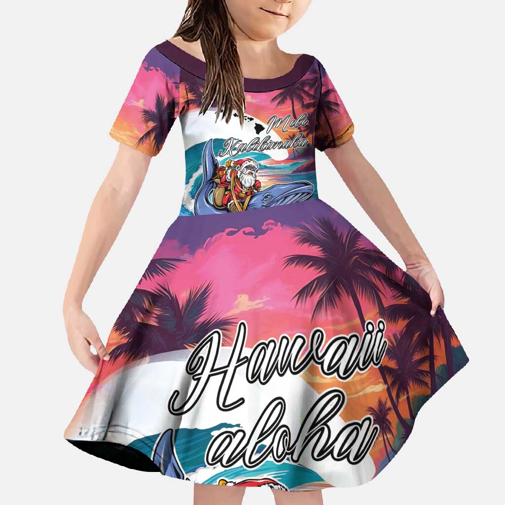 Hawaiian Mele Kalikimaka Family Matching Off Shoulder Maxi Dress and Hawaiian Shirt Santa Claus Driving The Whale with Sunset Ocean Landscape LT03 Daughter's Dress Blue - Polynesian Pride