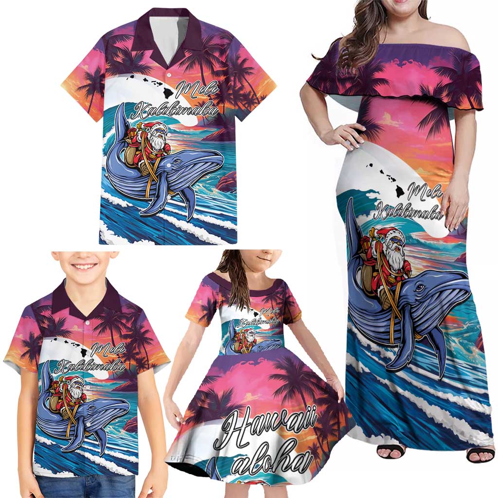 Hawaiian Mele Kalikimaka Family Matching Off Shoulder Maxi Dress and Hawaiian Shirt Santa Claus Driving The Whale with Sunset Ocean Landscape LT03 - Polynesian Pride
