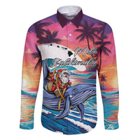 Hawaiian Mele Kalikimaka Family Matching Off Shoulder Maxi Dress and Hawaiian Shirt Santa Claus Driving The Whale with Sunset Ocean Landscape LT03 Dad's Shirt - Long Sleeve Blue - Polynesian Pride