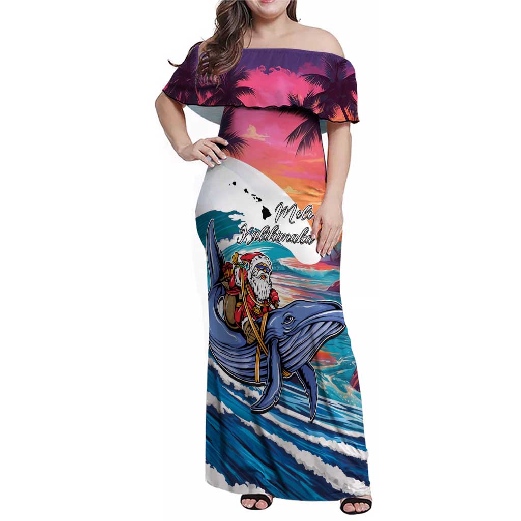 Hawaiian Mele Kalikimaka Family Matching Off Shoulder Maxi Dress and Hawaiian Shirt Santa Claus Driving The Whale with Sunset Ocean Landscape LT03 Mom's Dress Blue - Polynesian Pride