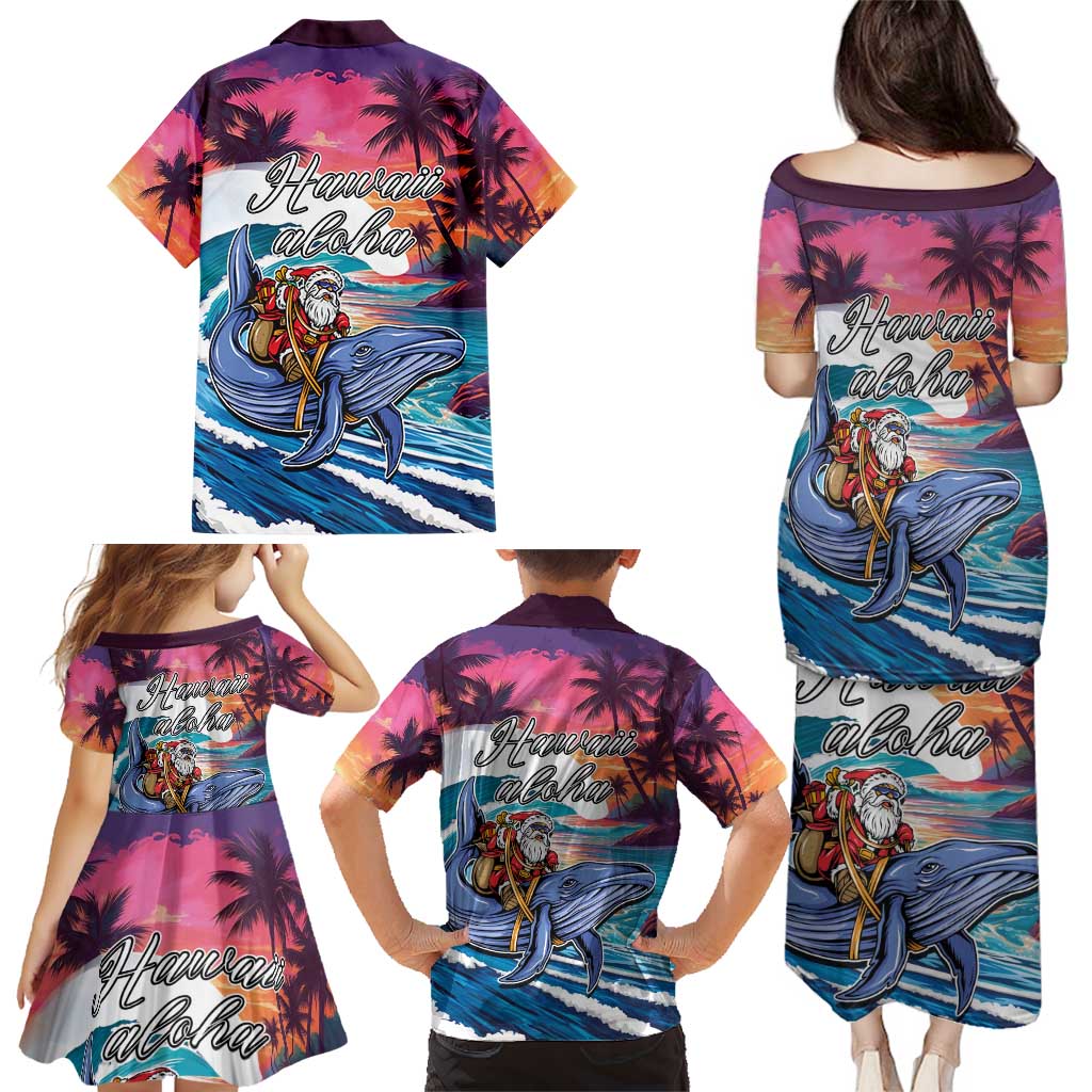 Hawaiian Mele Kalikimaka Family Matching Puletasi and Hawaiian Shirt Santa Claus Driving The Whale with Sunset Ocean Landscape LT03 - Polynesian Pride