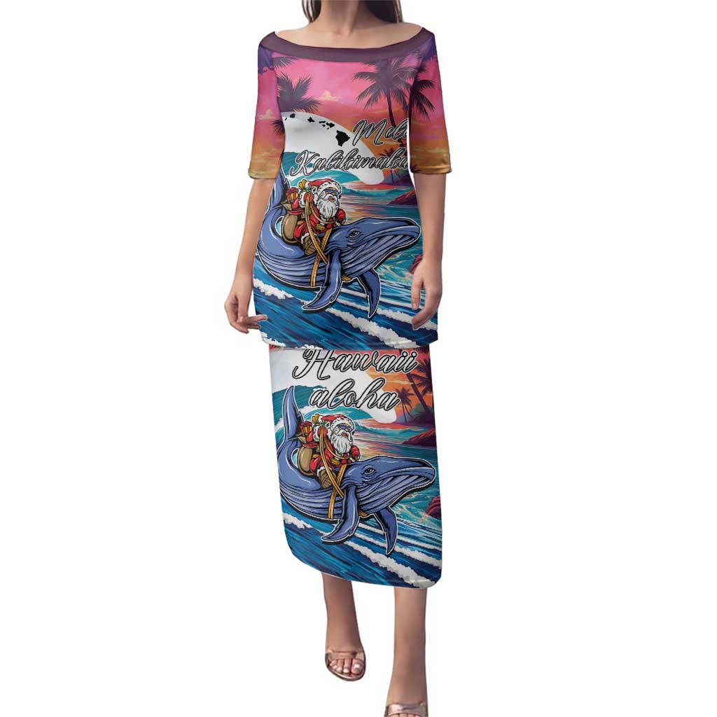 Hawaiian Mele Kalikimaka Family Matching Puletasi and Hawaiian Shirt Santa Claus Driving The Whale with Sunset Ocean Landscape LT03 Mom's Dress Blue - Polynesian Pride