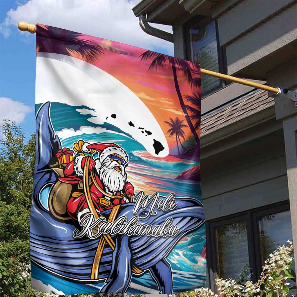 Hawaiian Mele Kalikimaka Garden Flag Santa Claus Driving The Whale with Sunset Ocean Landscape LT03 - Polynesian Pride