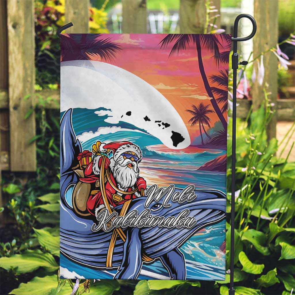Hawaiian Mele Kalikimaka Garden Flag Santa Claus Driving The Whale with Sunset Ocean Landscape LT03 Garden Flag Blue - Polynesian Pride