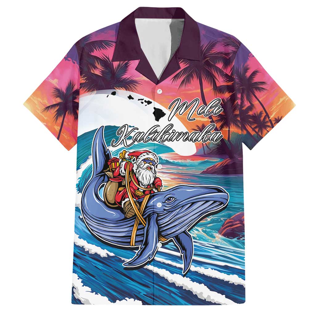 Hawaiian Mele Kalikimaka Hawaiian Shirt Santa Claus Driving The Whale with Sunset Ocean Landscape LT03 Blue - Polynesian Pride