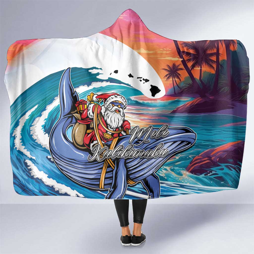 Hawaiian Mele Kalikimaka Hooded Blanket Santa Claus Driving The Whale with Sunset Ocean Landscape LT03 One Size Blue - Polynesian Pride