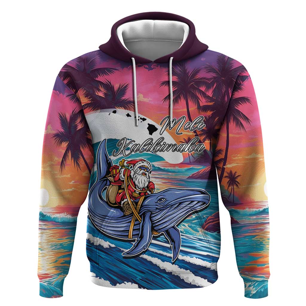 Hawaiian Mele Kalikimaka Hoodie Santa Claus Driving The Whale with Sunset Ocean Landscape LT03 Pullover Hoodie Blue - Polynesian Pride
