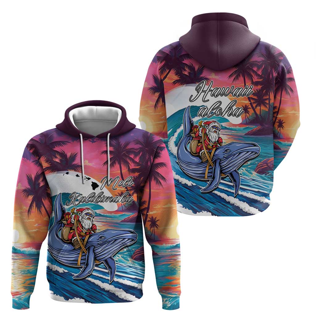 Hawaiian Mele Kalikimaka Hoodie Santa Claus Driving The Whale with Sunset Ocean Landscape LT03 - Polynesian Pride