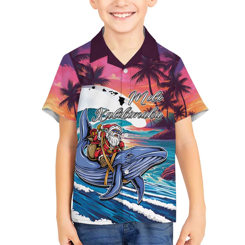 Hawaiian Mele Kalikimaka Kid Hawaiian Shirt Santa Claus Driving The Whale with Sunset Ocean Landscape LT03 Kid Blue - Polynesian Pride