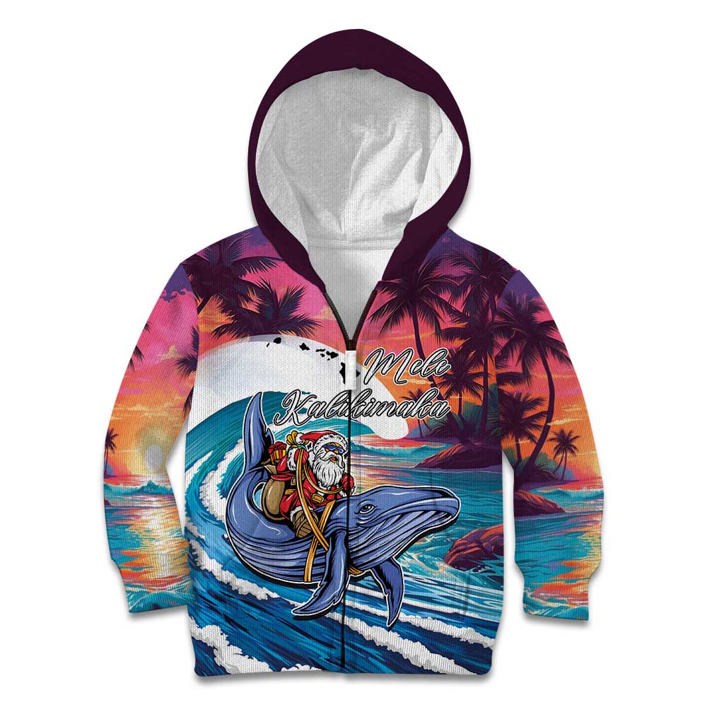 Hawaiian Mele Kalikimaka Kid Hoodie Santa Claus Driving The Whale with Sunset Ocean Landscape LT03 Zip Hoodie Blue - Polynesian Pride