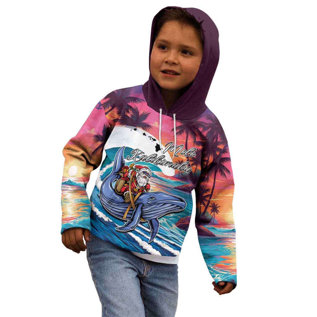 Hawaiian Mele Kalikimaka Kid Hoodie Santa Claus Driving The Whale with Sunset Ocean Landscape LT03 - Polynesian Pride