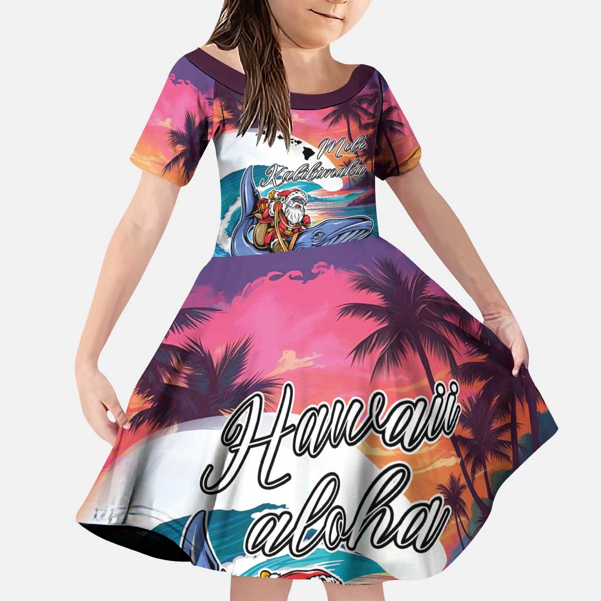 Hawaiian Mele Kalikimaka Kid Short Sleeve Dress Santa Claus Driving The Whale with Sunset Ocean Landscape LT03 KID Blue - Polynesian Pride